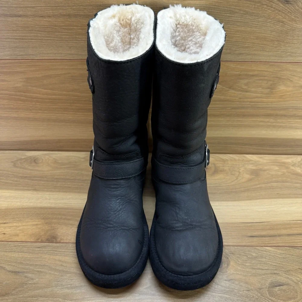 UGG Kensington Tall Boots Womens 7 Black Leather Shearling Sherpa Lined Cozy